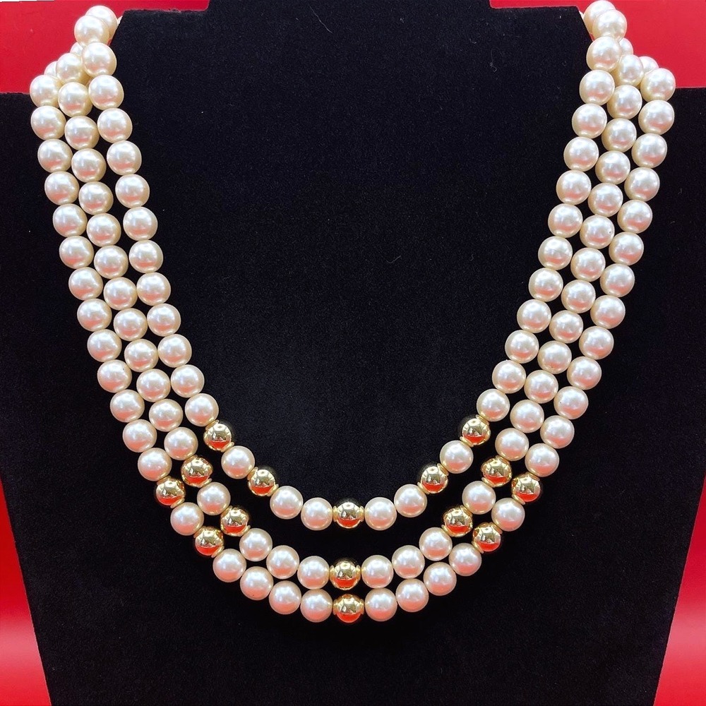 Vintage Liz Claiborne Faux Pearl Triple Strand Necklace Cream Gold Tone Beads